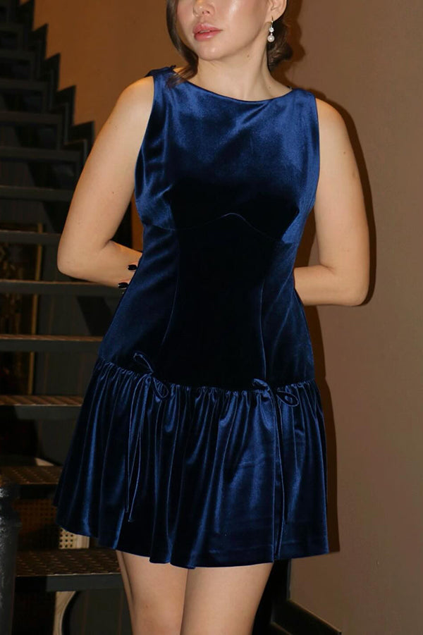 Velvet Bow Trim Drop Waist Gathered Pleated Mini Dress
