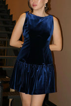 Velvet Bow Trim Drop Waist Gathered Pleated Mini Dress