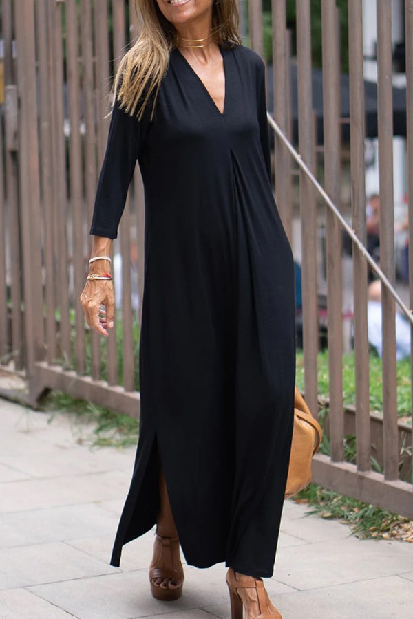 V-Neck Three Quarter Sleeve Relaxed Side Slit Maxi Dress