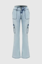 Multi Pocket Double Button Mid Rise Flare Cargo Jeans