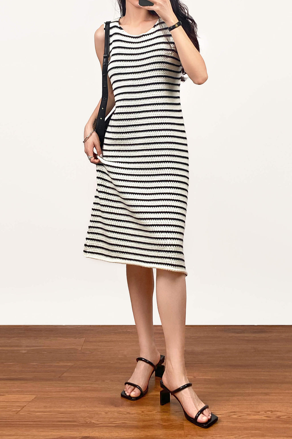 Horizontal Stripe Knit Sleeveless Scoop Neck Bodycon Midi Dress