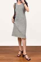 Horizontal Stripe Knit Sleeveless Scoop Neck Bodycon Midi Dress