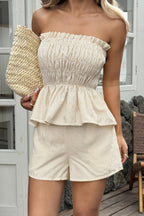 Striped Printed Sleeveless Off-shoulder Ruched Top and Elastic Waist Casual Pocket Shorts Set