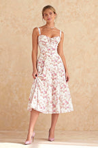 Bustier Sweetheart Tie Front Wide Strap Floral Print A-Line Midi Dress