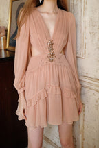 Crystal Floral Embellished Deep V Bishop Sleeve Tiered Ruffle Mini Dress