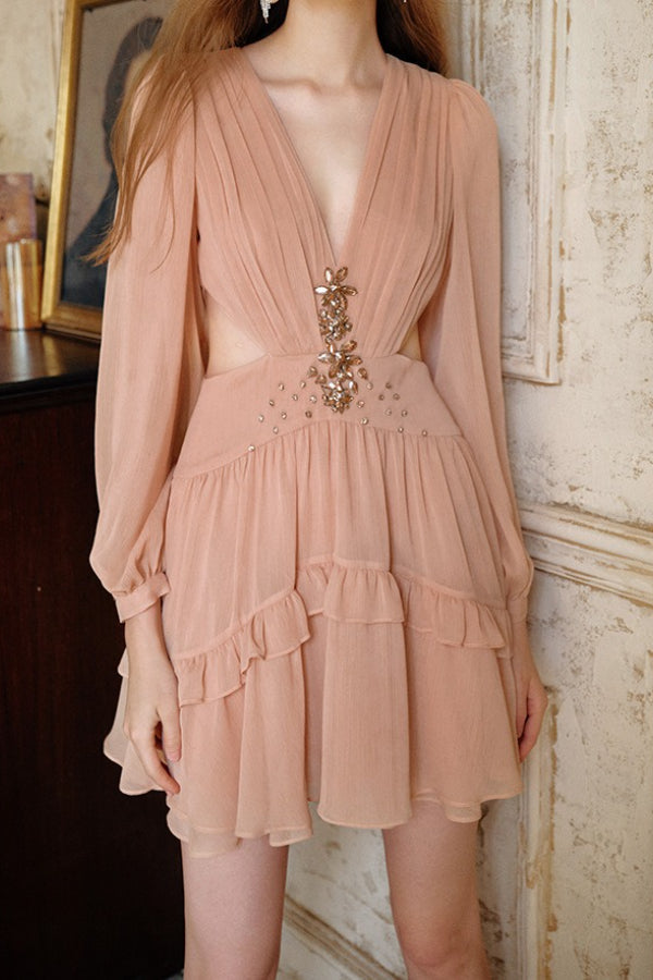 Crystal Floral Embellished Deep V Bishop Sleeve Tiered Ruffle Mini Dress