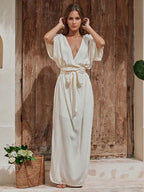 Deep V Neck Maxi Dress for Women - Boho Kimono Half Sleeve Belted Side Slit Kaftan Dress - Summer Beach Vacation 2026