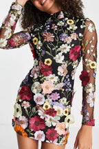 Mock Neck Long Sleeve Sheer Mesh 3D Floral Applique Mini Dress