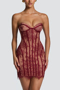 Jaya Floral Lace Contrast Structural Detail Back Lace-up Strapless Slit Maxi Dress