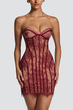 Jaya Floral Lace Contrast Structural Detail Back Lace-up Strapless Slit Maxi Dress