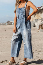 Distressed Bib Pocket Wide Leg Denim Overalls