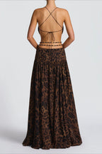 Plunging V Neck Halter Cut Out Waist Buckle High Slit Maxi Dress