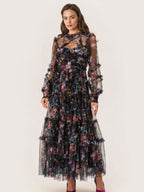 Party Dress Ruffles Layered Illusion Sleeves Elegant Folklore Long Dress