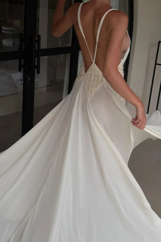 White Backless V-Neck Dress