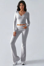 Casual V Neck Flared Stretch Two Piece Pants Set