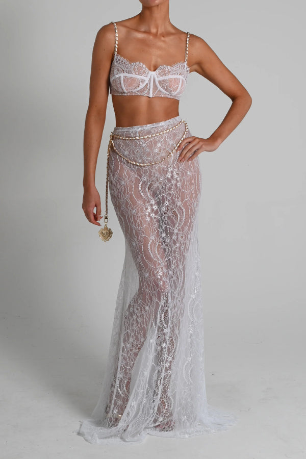 Stylish Lace Camisole Bra Top and Vacation See-through Maxi Fishtail Skirt Set