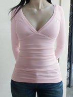Solid-Color Basic V-Neck Long Sleeve