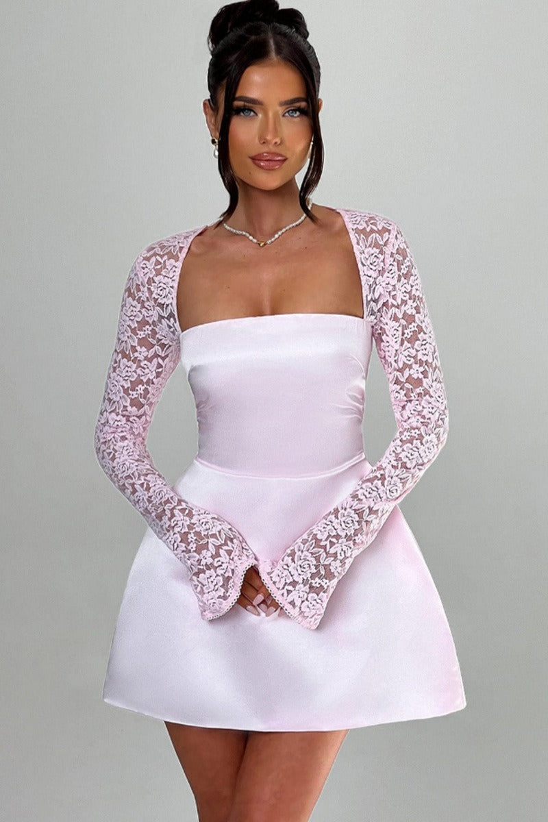 Square Neck Floral Lace Long Sleeve Overlay Satin A-Line Mini Dress