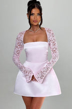 Square Neck Floral Lace Long Sleeve Overlay Satin A-Line Mini Dress