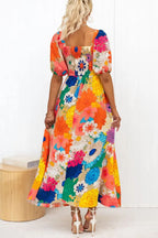 Floral Print Deep V-Neck Puff Sleeve High Waist A-Line Maxi Dress
