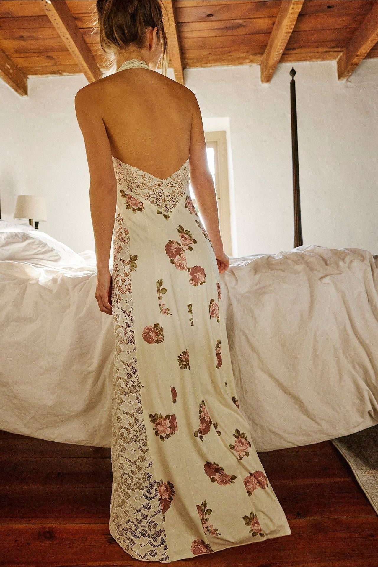 Floral Print Lace Panel Halter Neck High Split Maxi Dress
