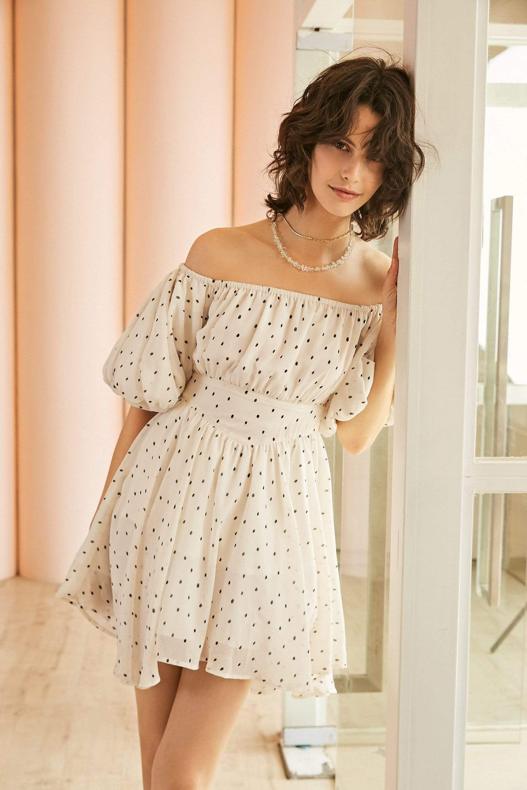 Off Shoulder Polka Dot Smocked Waist Puff Sleeve Ruffle Mini Dress