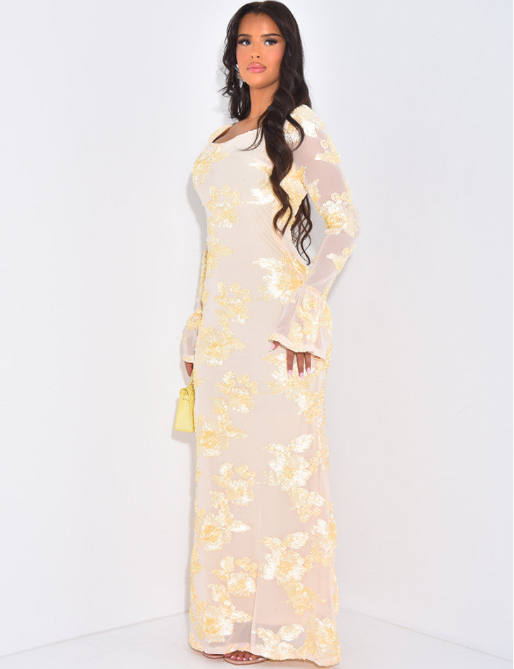 Scoop Neck Sheer Bell Sleeve Floral Sequin Embellished Mermaid Maxi Gown