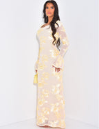 Scoop Neck Sheer Bell Sleeve Floral Sequin Embellished Mermaid Maxi Gown