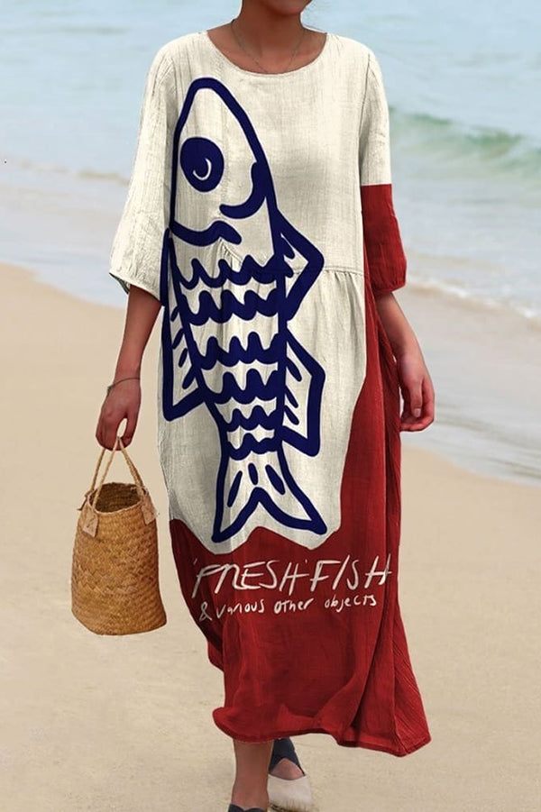 Lobster Graphic Oversized V-Neck Short Sleeve Linen Shift Midi Dress