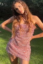 Spaghetti Strap Lettuce Edge Neckline Sequin Bodycon Mini Dress