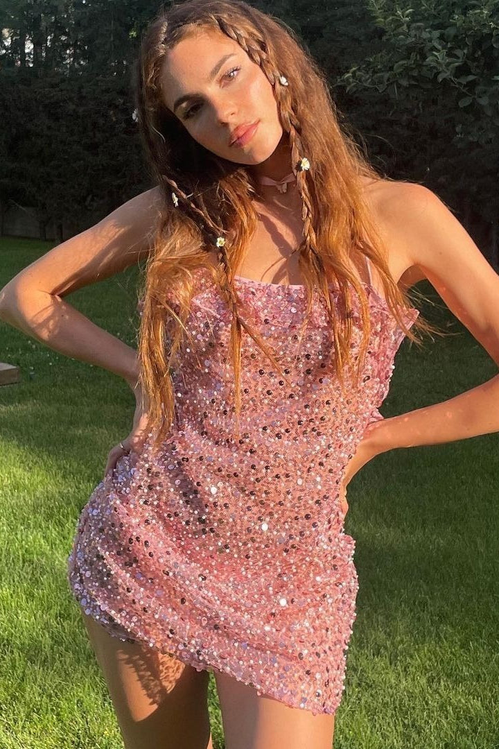 Spaghetti Strap Lettuce Edge Neckline Sequin Bodycon Mini Dress