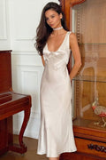 Satin Lace Trim Empire Waist Scoop Neck Slip Maxi Dress