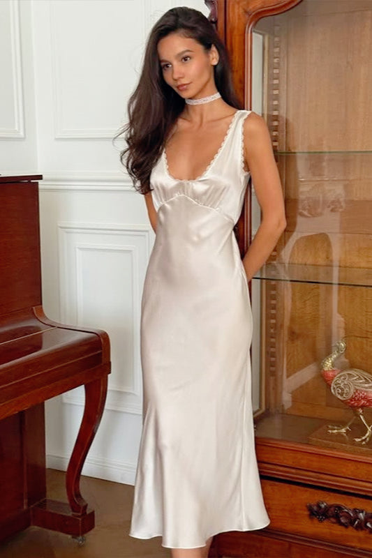 Satin Lace Trim Empire Waist Scoop Neck Slip Maxi Dress