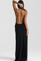 Deep V Halter Ruched Twist Waist Thigh Slit Jersey Maxi Wrap Dress