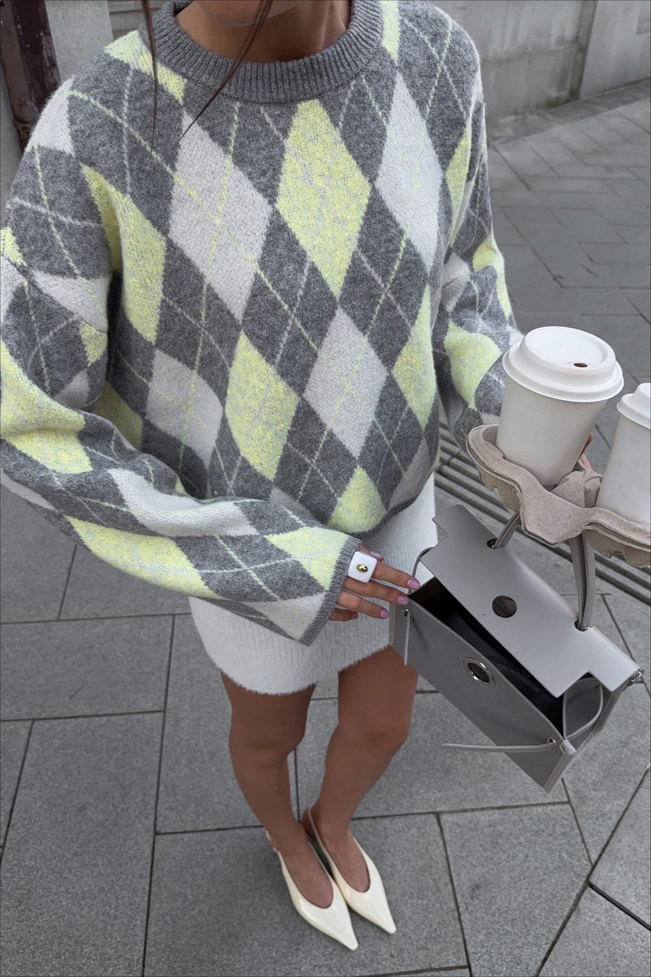 Argyle Knit Green Color Block Loose Crewneck Sweater