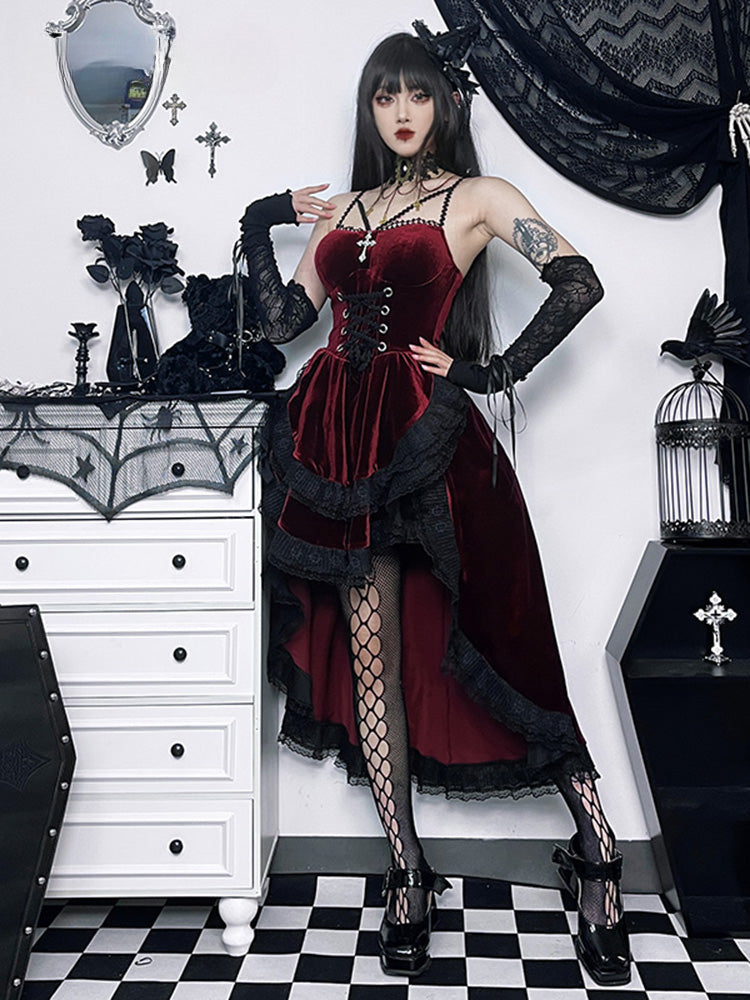 Velvet Lace Up Corset Bodice Lace Trim Tiered High Low Ruffle Mini Dress