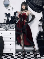 Velvet Lace Up Corset Bodice Lace Trim Tiered High Low Ruffle Mini Dress