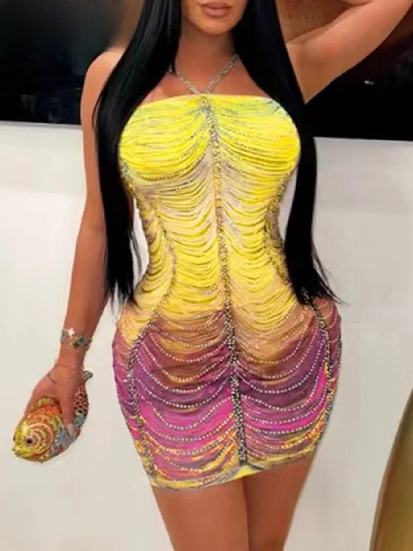 Rhinestone Fringe Layered Halter Neck Bodycon Mini Dress
