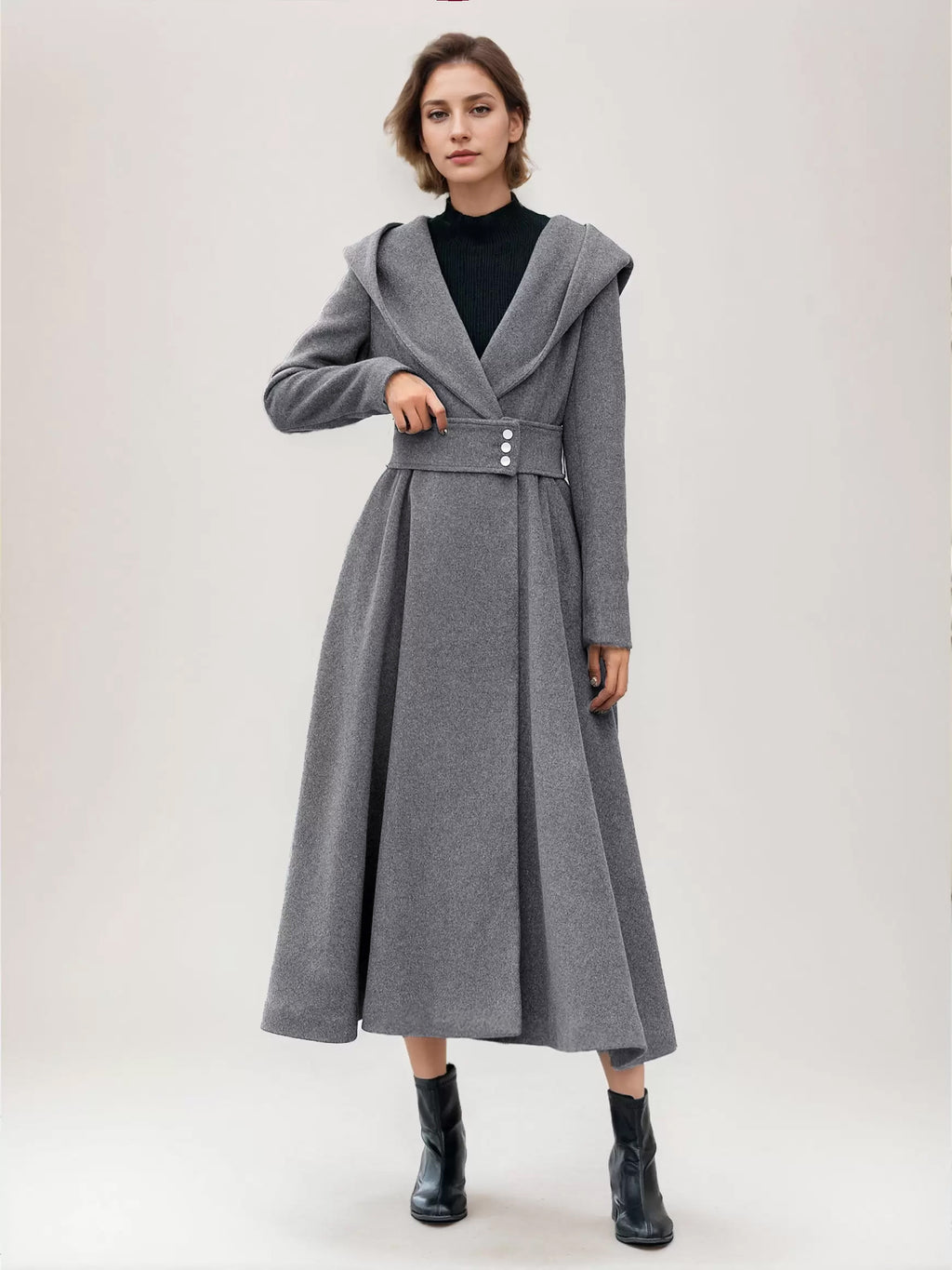 Flared Woolen Coat For Woman Hooded Gray Belted A-line Winter Long Outerwear 2026