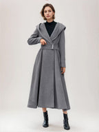 Flared Woolen Coat For Woman Hooded Gray Belted A-line Winter Long Outerwear 2026