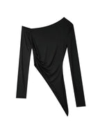 Slanted Shoulder Ruched Irregular Hem Long Sleeve Tee