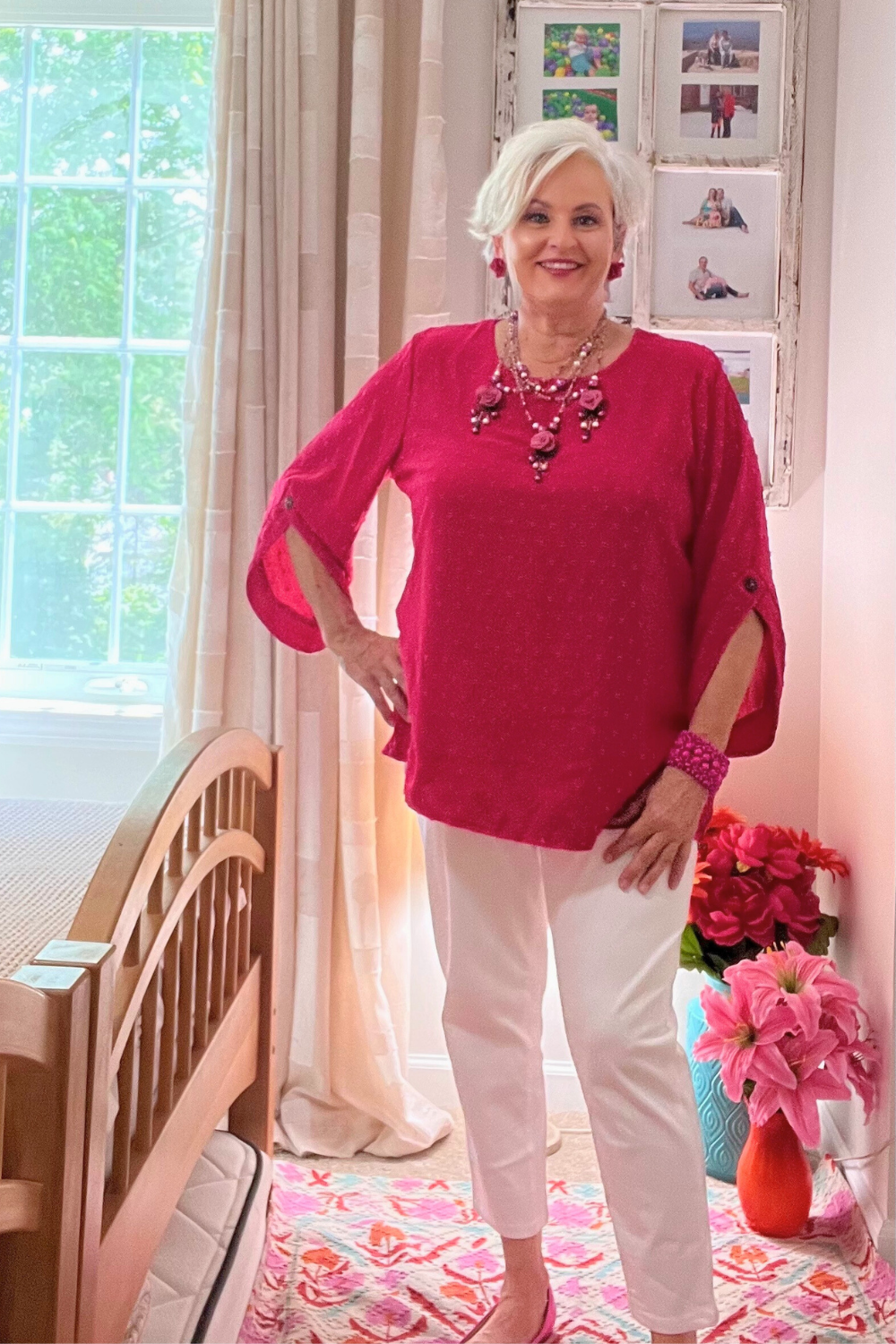 Swiss Dot Round Neck Petal Sleeve Top _ Cerise Pink