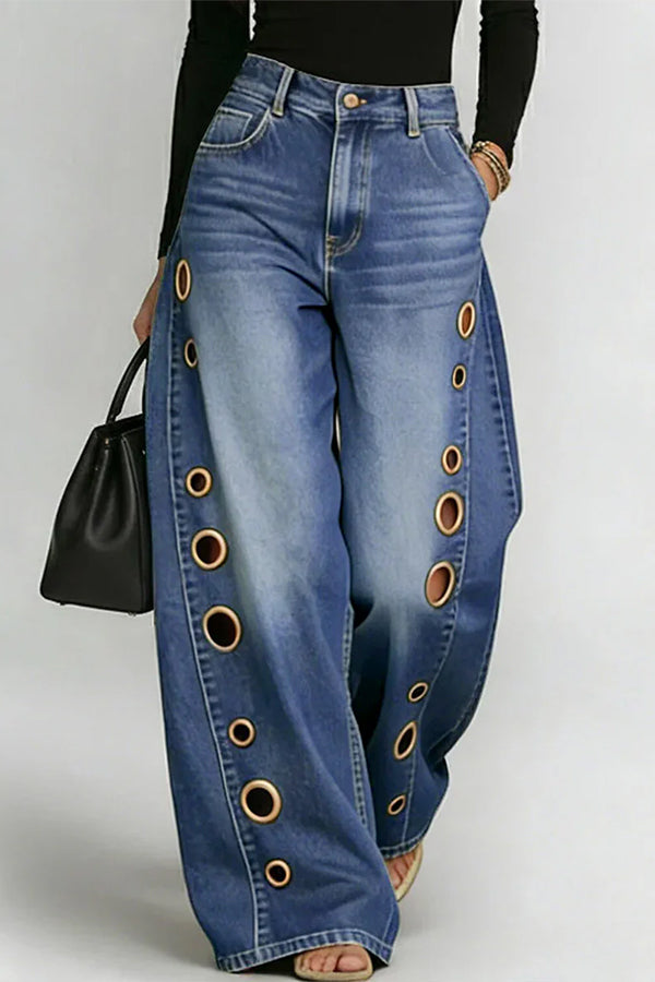 High-Street Edgy Eyelet Cut-Out Baggy Jeans