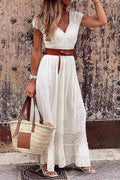 Eyelet Embroidery V-Neck Tiered Lace Hem Cap Sleeve Maxi Dress