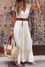 Eyelet Embroidery V-Neck Tiered Lace Hem Cap Sleeve Maxi Dress
