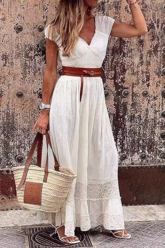 Eyelet Embroidery V-Neck Tiered Lace Hem Cap Sleeve Maxi Dress