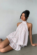 Halter High Neck Tiered Ruffle Polka Dot Romper Dress