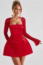 Square Neck Floral Lace Long Sleeve Overlay Satin A-Line Mini Dress