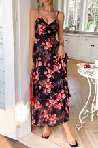 Spaghetti Strap Deep V Floral Print Tiered Ruffle Maxi Dress