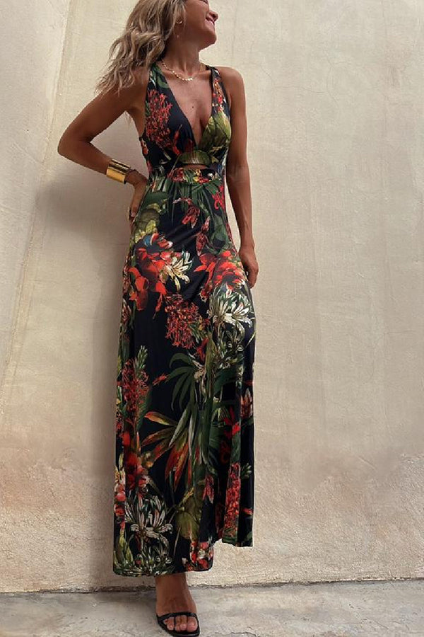 Tropical Print Cross Back Cut Out Backless Halter Maxi Dress